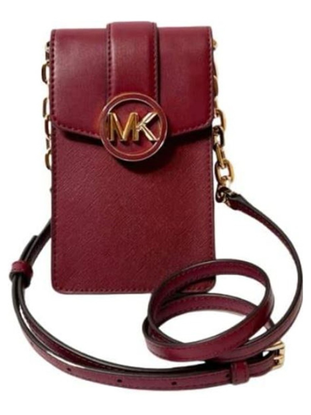 Michael Kors Wine Red Leather Crossbody Phone Pouch with Gold MK Emblem